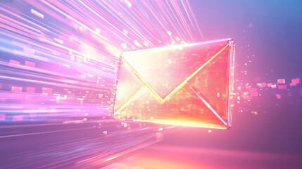Poster - Vibrant Neon Email Icon Symbolizing Fast Communication in a Futuristic Digital Environment with Colorful Light Trails and Motion Effects