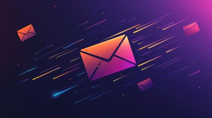 Poster - Vibrant Digital Illustration of Moving Mail Icons with Dynamic Streaks in a Colorful Abstract Background for Modern Communication Concepts