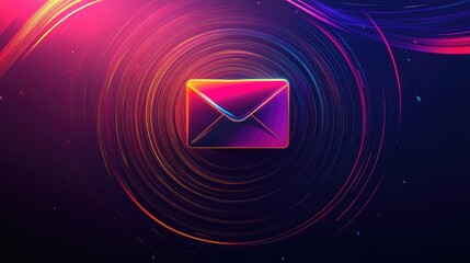 Poster - Colorful Neon Envelope Icon on Dark Background with Swirling Light Effects Representing Digital Communication and Email Messaging in a Vibrant, Modern Style