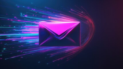Poster - Stylish Neon Mail Icon with Dynamic Light Trails Representing Fast Communication in a Digital World for Modern Networking and Messaging Themes