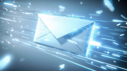 Poster - Futuristic Email Symbol with Light Trails and Shimmering Effects Illustrating Fast Digital Communication Concept in a Modern Virtual Environment