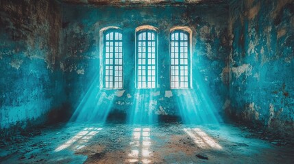 Poster - Ethereal Light Streaming Through Old Windows in Abandoned Room