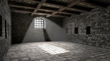 Poster - Empty Stone Room with Window and Light Beam in Dark Environment
