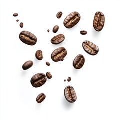 Falling coffee beans isolated on white background