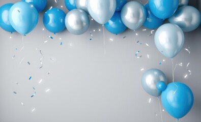 Blue and silver balloons with falling confetti gray background cheerful mood no people 6 birthday backdrop Ultra realistic Photorealistic 