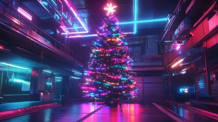 Wall Mural - a modern christmas tree with abstract tech lines, bright lights, and a futuristic aesthetic.