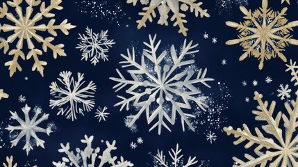 Fototapete - A rich snowflake pattern with bold, detailed designs in silver and gold on a deep navy background for a luxurious winter feel.