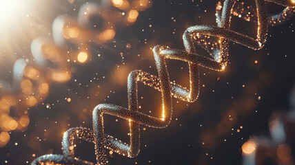Poster - Abstract illustration of DNA strands with highlighted glowing particles, creating dynamic and futuristic atmosphere. image captures intricate beauty and complexity of genetic structures