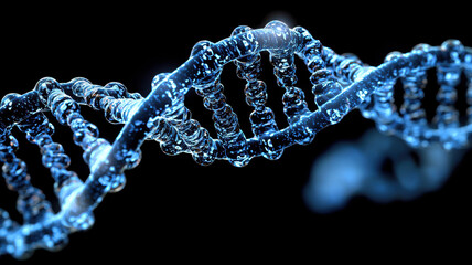 Poster - Abstract illustration of DNA strands with highlighted sections, glowing in blue against dark background, symbolizing genetic research and biotechnology advancements