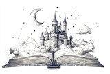 Enchanted castle emerging from an open book with stars and clouds