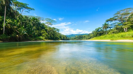 Wall Mural - Tropical river flowing through lush rainforest under a bright blue sky, AI