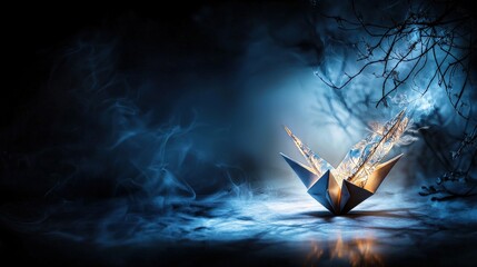 Poster - Intricate origami creation illuminated by soft light enchanted forest conceptual art mystical atmosphere surreal perspective