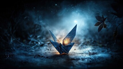 Poster - Intricate origami creation illuminated in a mystical forest artistic photography fantasy environment magical viewpoint