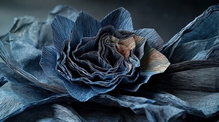 Poster - Intricate paper sculpture blooming in blue art studio close-up photography artistic environment abstract concepts