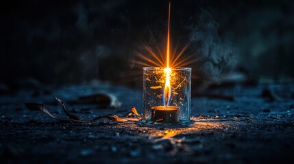 Aufkleber - Candle flame illuminating darkness in abandoned space dramatic lighting artful photography mysterious atmosphere