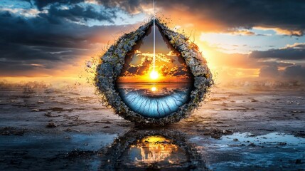 Poster - A tear falling from an eye reflecting a sunset over water nature close-up emotional landscape conceptual imagery