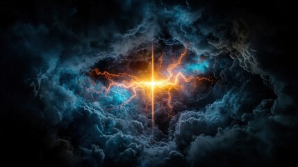 Poster - Dynamic energy burst illuminating turbulent clouds cosmic scene digital artwork abstract universe vivid colors nature's power