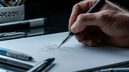 Poster - Creative hands sketching ideas on paper art studio drawing session indoor close-up inspiration and imagination
