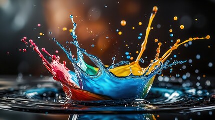 Leinwandbilder - Dynamic splashes of color droplets on a surface studio photography dark environment close-up visual art concept