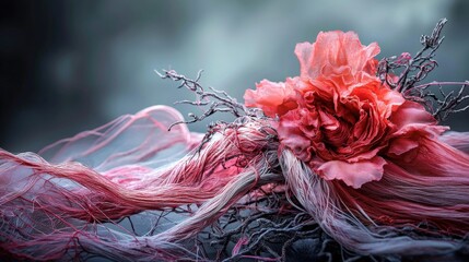 Poster - Weaving threads of silk through delicate fabric a floral art composition in nature’s embrace with an abstract viewpoint