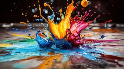 Poster - Colorful paint splashes create dynamic artwork in studio abstract expressionism vibrant environment creative perspective