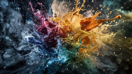 Poster - Dynamic paint droplets exploding in motion studio abstract art dark background close-up creativity unleashed
