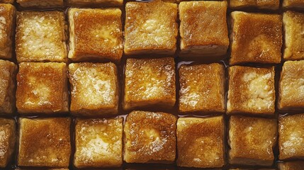 Golden Brown Sweet Cubes of Dessert Arranged in Neat Rows