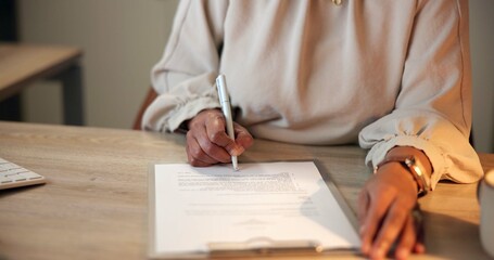 Fototapete - Hands, signature and business with woman, paperwork and reading contract in office. Closeup, employee and consultant with clipboard, legal agreement and negotiation detail with compliance or writing