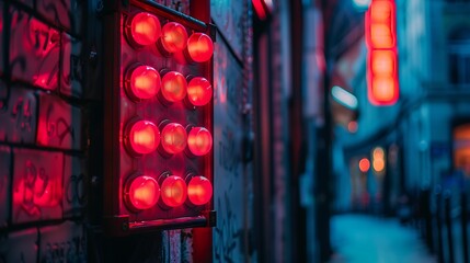 Wall Mural - A dimly lit alley featuring a bright red light panel, creating a moody urban atmosphere.