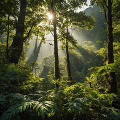 A lush mountain forest with sun-dappled leaves and birds perched on branches.