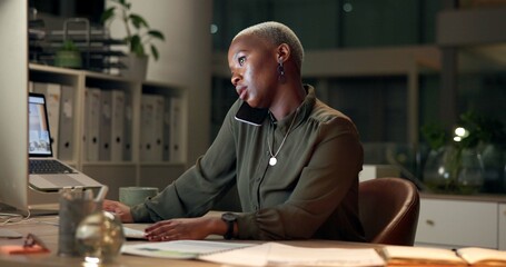 Aufkleber - Phone call, night and business with black woman, conversation and connection in modern office. Employee, journalist and consultant in workplace, smartphone and communication with digital app and talk