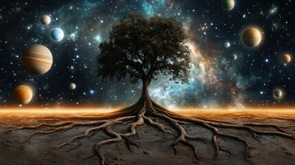 Wall Mural - A surreal tree with cosmic elements, blending nature and the universe.