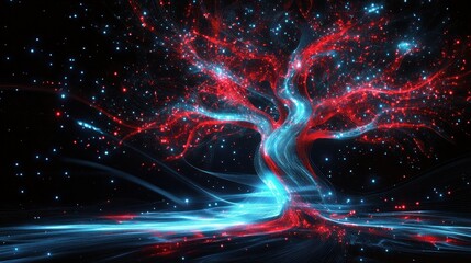 Canvas Print - A vibrant, glowing tree with swirling colors against a starry background.