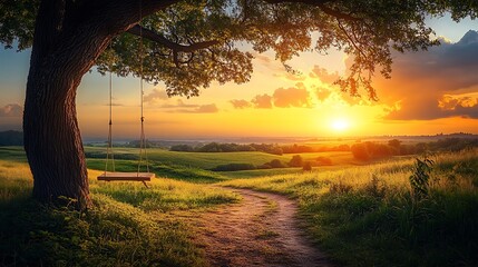 A countryside swing hanging from an old oak tree, overlooking a tranquil landscape with lush pastures, a dirt path winding through the fields, and a vibrant sunset lighting the horizon, hd quality,