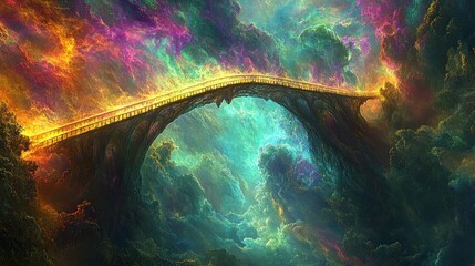 Wall Mural - A vibrant, surreal bridge arches over a colorful, cosmic landscape.