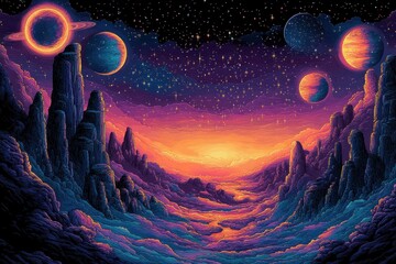 Wall Mural - A vibrant cosmic landscape featuring colorful planets and a glowing horizon.