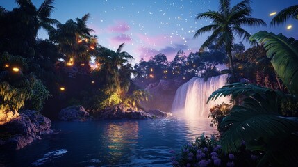 Canvas Print - A serene waterfall scene surrounded by lush vegetation and soft lighting at dusk.