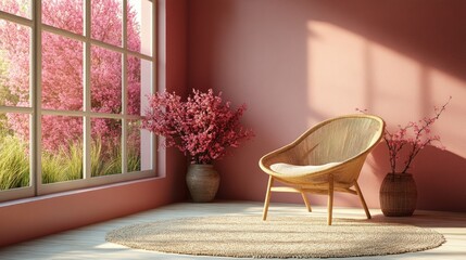 Wall Mural - A cozy interior with a chair, pink walls, and flowering plants by a large window.