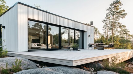 Wall Mural - Modern cabin with large windows and deck, surrounded by nature.