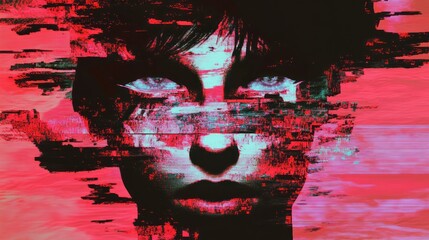 Canvas Print - A digital portrait with glitch effects, emphasizing a surreal and distorted human face.