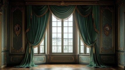 Wall Mural - Elegant interior featuring ornate drapes and a large window with a scenic view.