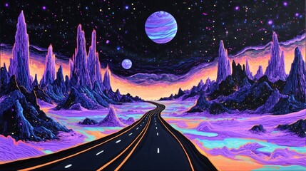 Wall Mural - a surreal cosmic landscape with a winding road, mountains, and planets in a vibrant sky.