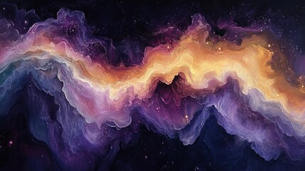 Wall Mural - A vibrant cosmic landscape with swirling colors of purple, orange, and gold.