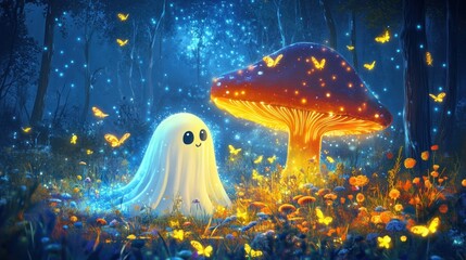 Canvas Print - A whimsical scene featuring a cute ghost and a glowing mushroom in a magical forest.