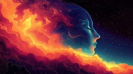 Wall Mural - a surreal depiction of a serene face merging with vibrant cosmic elements.