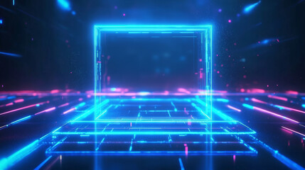 Poster - A glowing blue portal for a game, framed by a neon platform.  It's a futuristic, sci-fi scene with laser beams and digital effects.