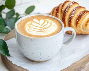 Cappuccino and danish. Coffee latte art with croissant on a wooden surface surrounded by greenery.