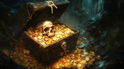 A treasure chest overflows with gold coins and a skull.  It's a dark, pirate-themed scene, perfect for a game reward or adventure.