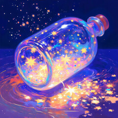 Poster - An illustration of a glass jar spilling out colorful stars against a dark backdrop, creating a whimsical and magical scene that evokes wonder for illustration.