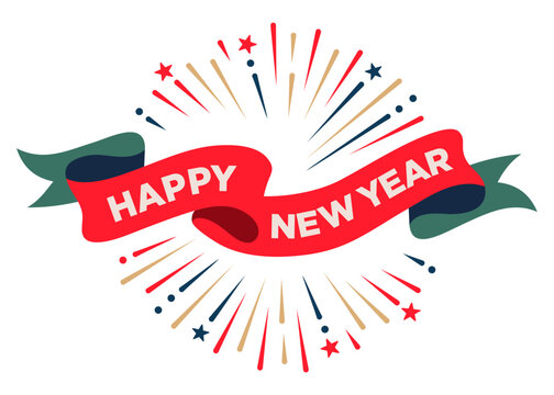 Happy New year card ribbon banner, Holiday Christmas background, vector, fireworks confetti isolated on white background with Happy New year typography text lettering